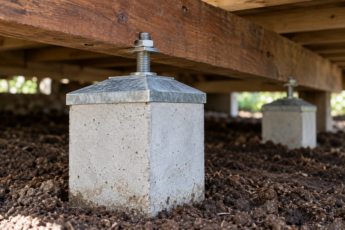 Close detail under a timber floor in Warragul of a new pale grey square precast concrete stump standing plumb in dark firm soil, a galvanised ant cap on top under a hardwood bearer and a threaded rod passing up through the bearer with a washer and nut tightened