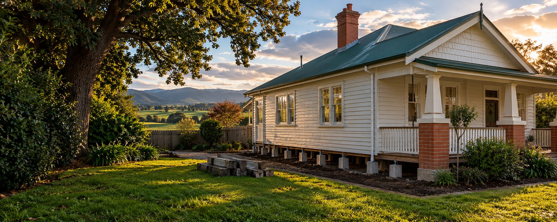 A white 1920s weatherboard bungalow on the edge of Warragul sitting level on a new row of concrete stumps, with old timber stumps stacked on the lawn and green dairy paddocks rising to the Strzelecki Ranges behind