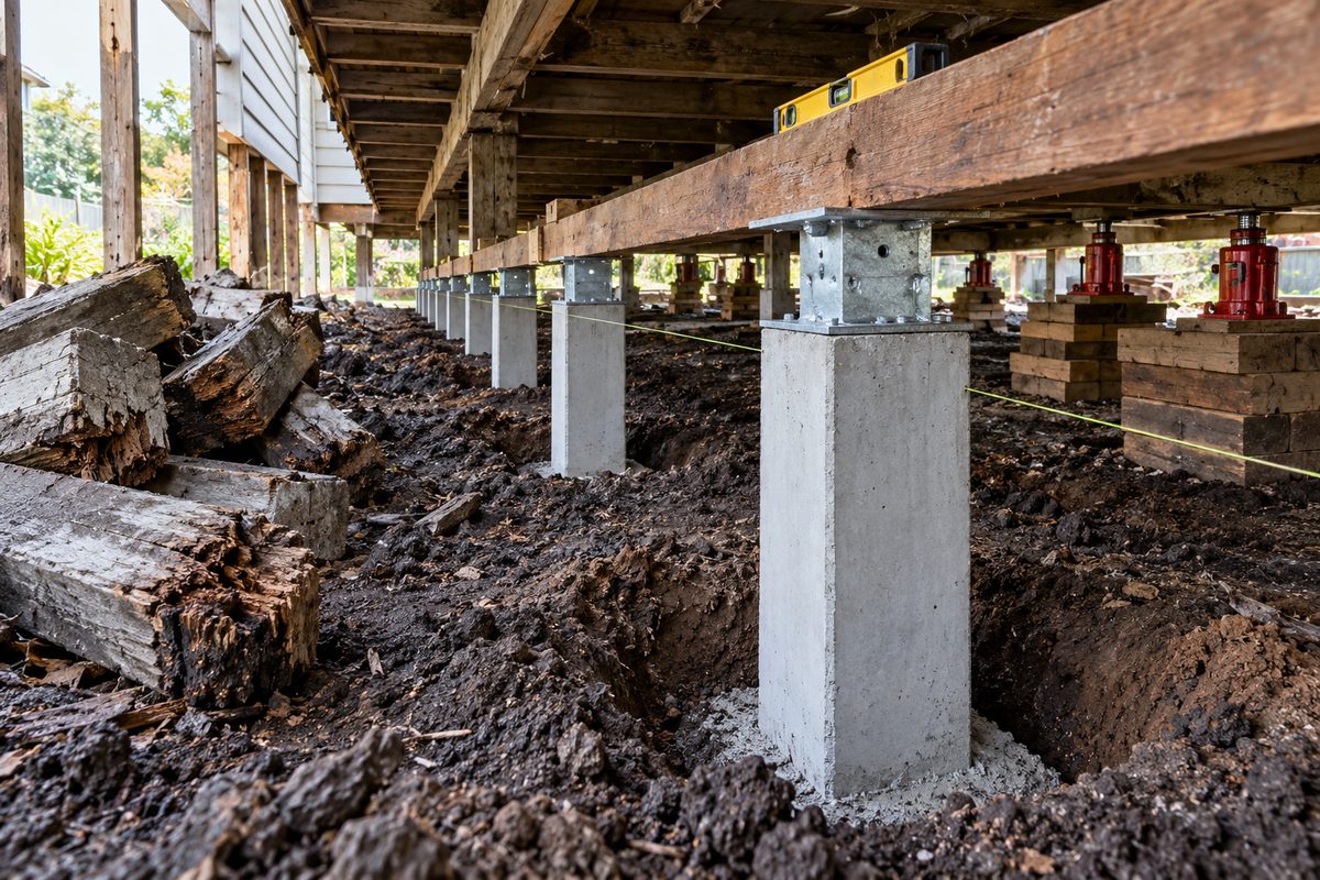 Under the floor of an old weatherboard house in Warragul during restumping, a new row of square concrete stumps with ant caps carrying a hardwood bearer, the next bearer still on hydraulic jacks and packing blocks, rotten timber stumps piled to one side