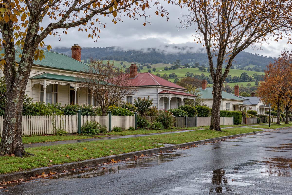 A quiet street of older weatherboard homes in Warragul after rain, white and cream boards, green and red iron roofs, brick chimneys and wet lawns, with bright green dairy paddocks and cloud-covered hills behind the rooftops